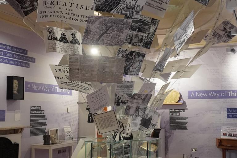 A display of newspaper prints from 1600s.